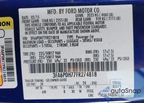 2015 Ford Fusion Se from USA, damaged, VIN 3FA6P0H77FR274818